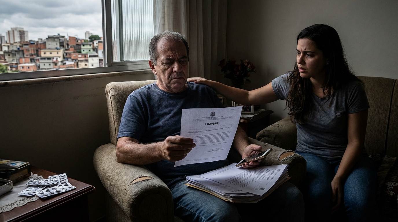 Cidadão brasileiro angustiado segurando exames médicos na sala de casa, preocupado com o descumprimento de liminar plano de saúde