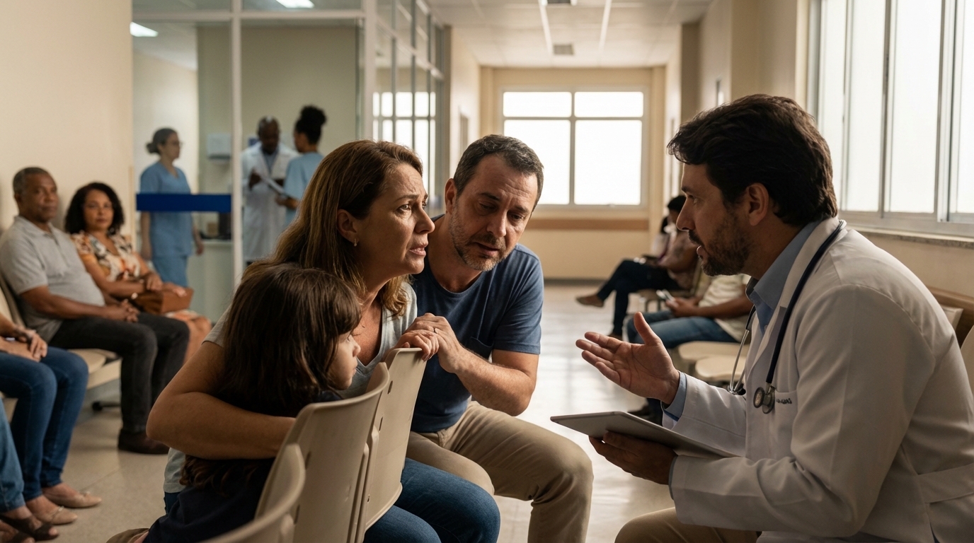 Família brasileira em ambiente hospitalar conversando ansiosamente com médico sobre a falta de liberação de tratamento