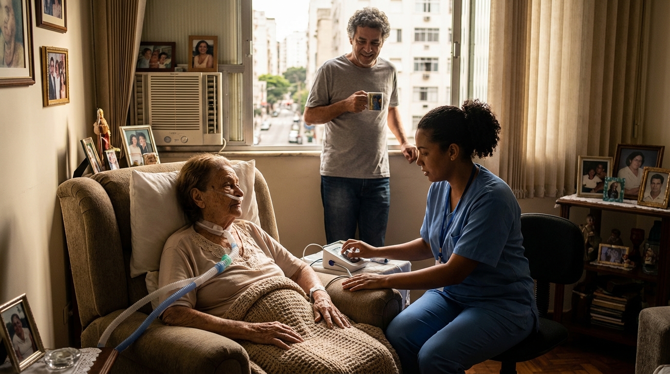 Mulher brasileira idosa recebendo cuidados de home care em sua residência, com familiar aliviado ao fundo