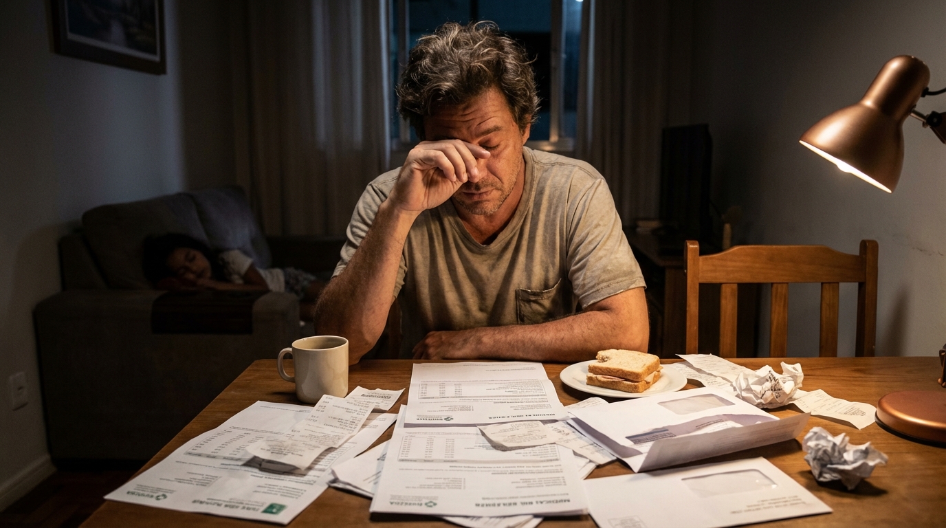 Pai de família brasileiro organizando notas fiscais e boletos de despesas médicas na mesa de jantar com expressão de cansaço