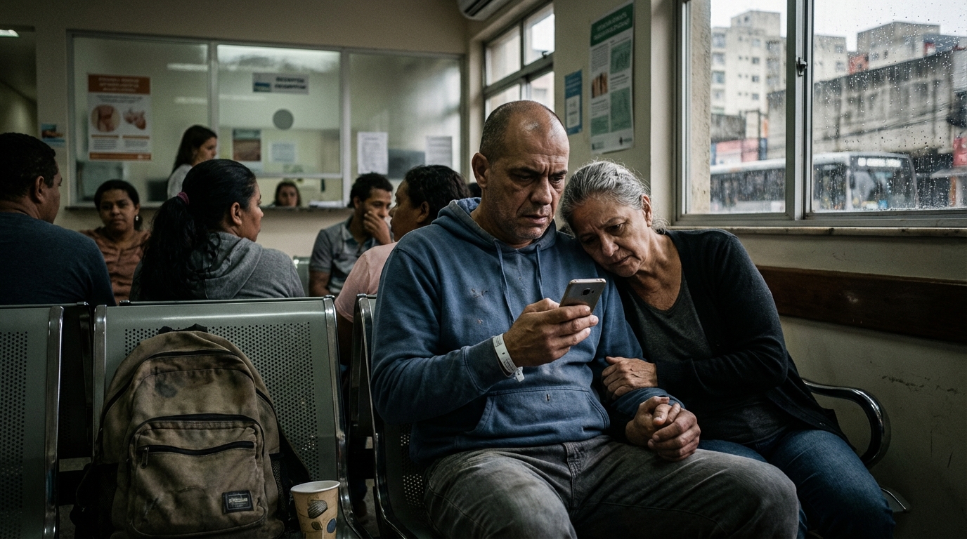Paciente brasileiro em tratamento oncológico segurando celular aguardando resposta da operadora de saúde em clínica