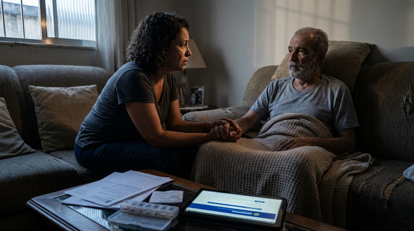 Esposa brasileira confortando marido doente no sofá de casa enquanto aguardam a liberação de medicamentos de alto custo
