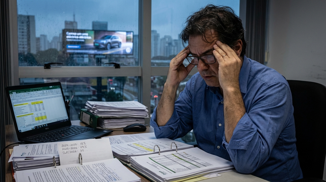 Gestor financeiro brasileiro preocupado analisando planilhas de custos de importação e tributação de veículos elétricos em seu escritório