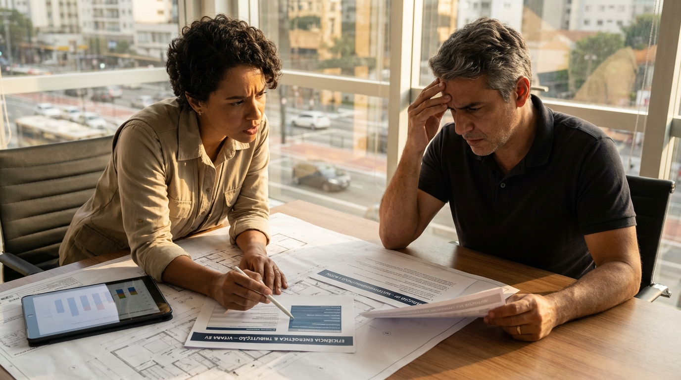 Engenheira e empresário brasileiros analisando projetos de sustentabilidade e redução de impostos em uma mesa de reuniões