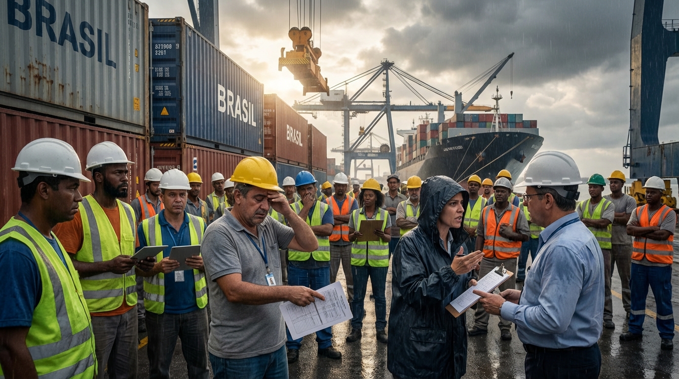 Trabalhadores e gestores brasileiros de logística no porto coordenando a chegada de contêineres e lidando com a burocracia aduaneira