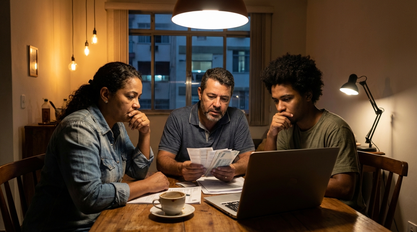 Família brasileira em casa discutindo as finanças e o orçamento apertado devido aos altos impostos no custo de vida
