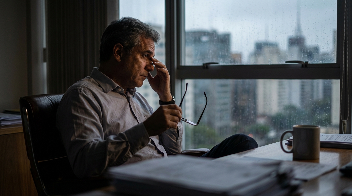 Empresário brasileiro experiente refletindo sobre os desafios da economia, segurando óculos e olhando para a janela do escritório