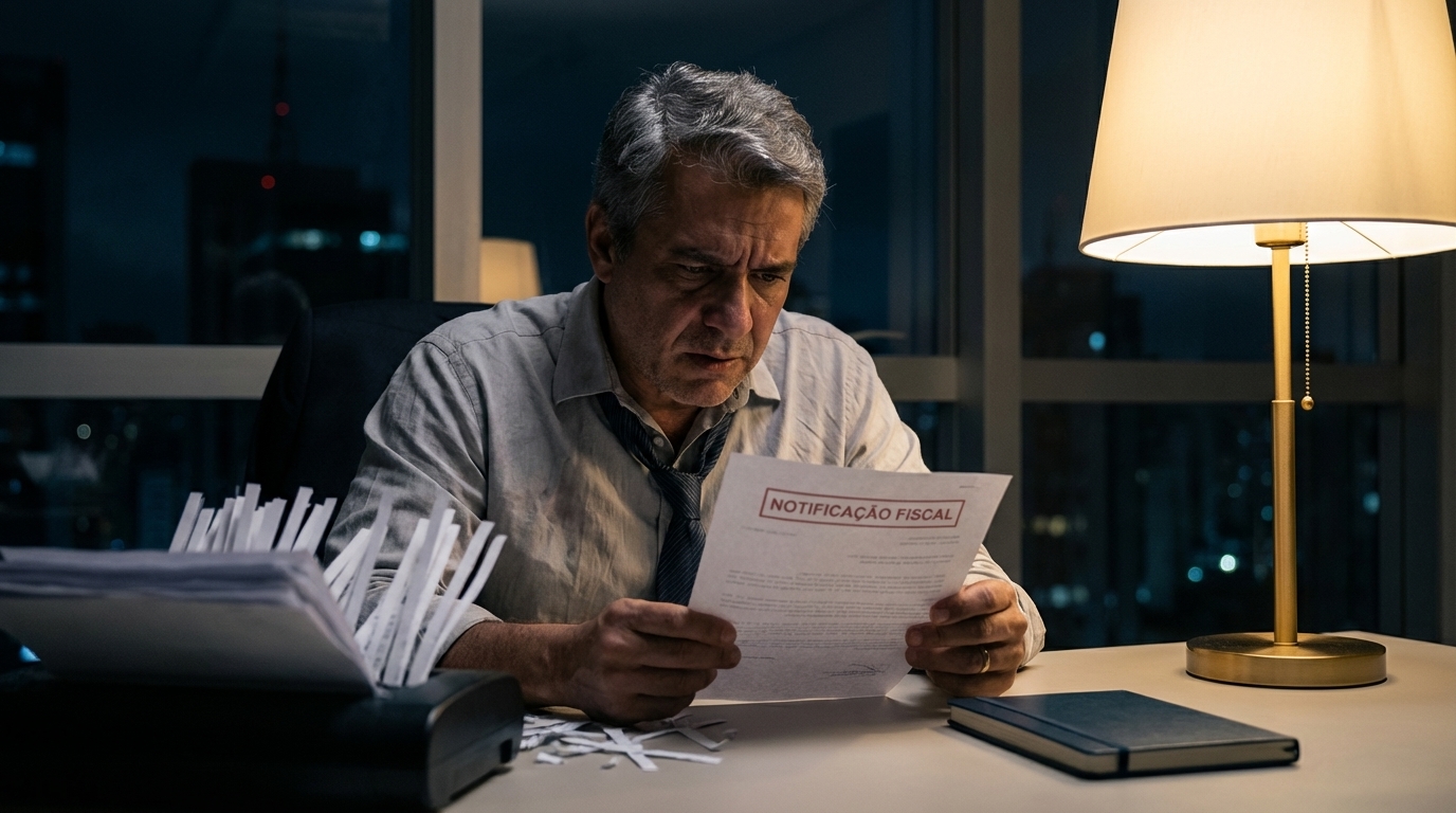 Empresário brasileiro de meia-idade em escritório escuro analisando notificação fiscal com expressão de extrema preocupação e angústia - obstrução de justiça