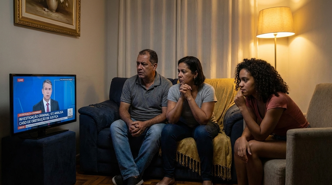 Família brasileira multirracial sentada na sala de estar tensa enquanto assiste ao noticiário na televisão sobre investigação criminal