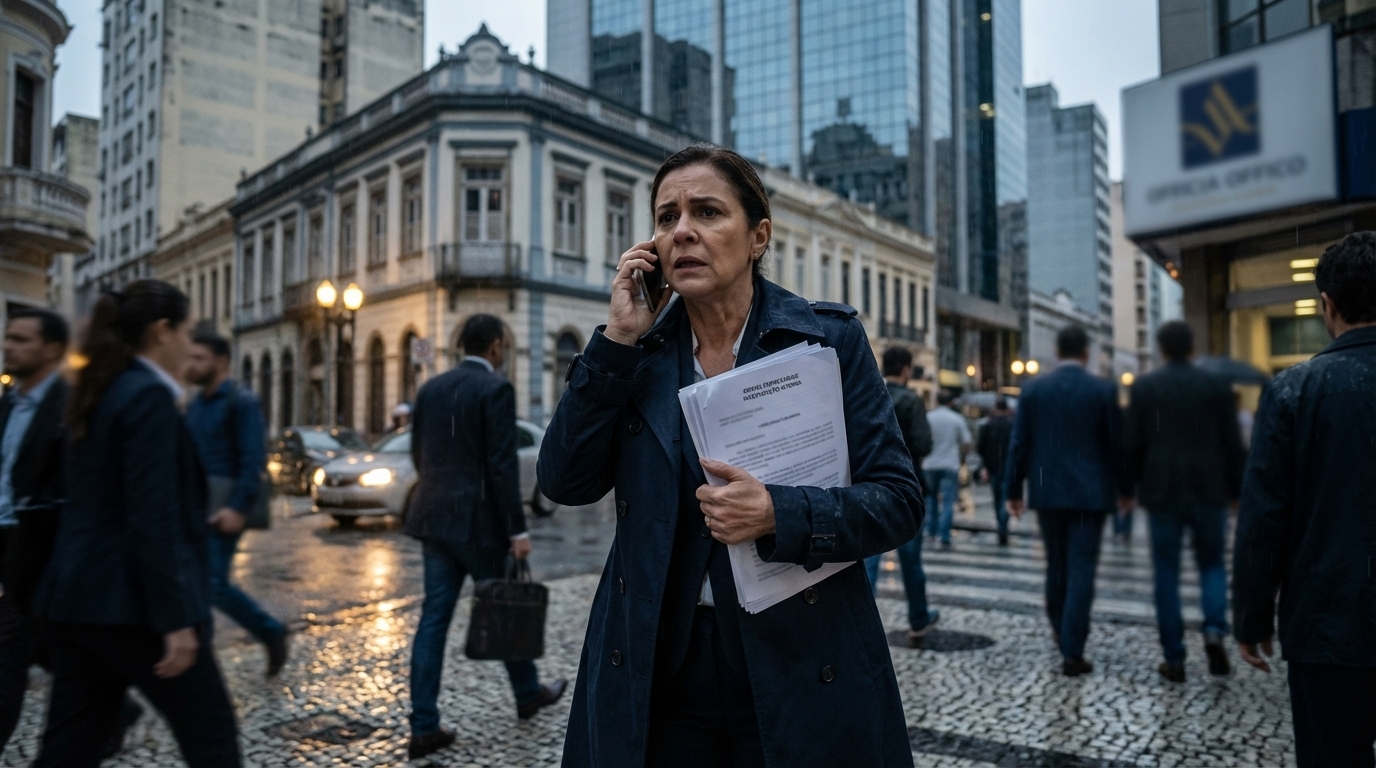 Executiva brasileira caminhando apressada pela rua com semblante preocupado enquanto segura celular e documentos sobre crimes empresariais