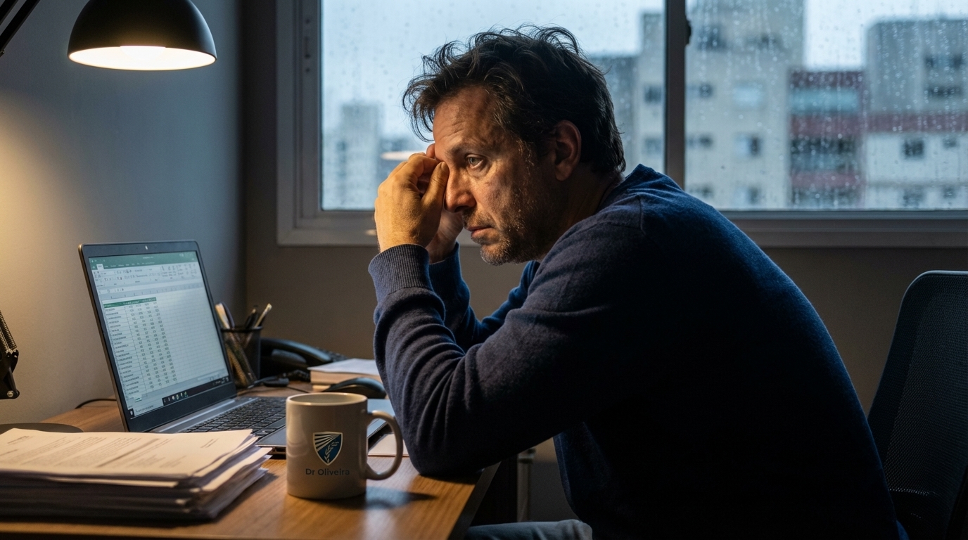 Pequeno empresário brasileiro revisando o balanço financeiro em um laptop com rosto cansado e tenso buscando advogado criminalista SP