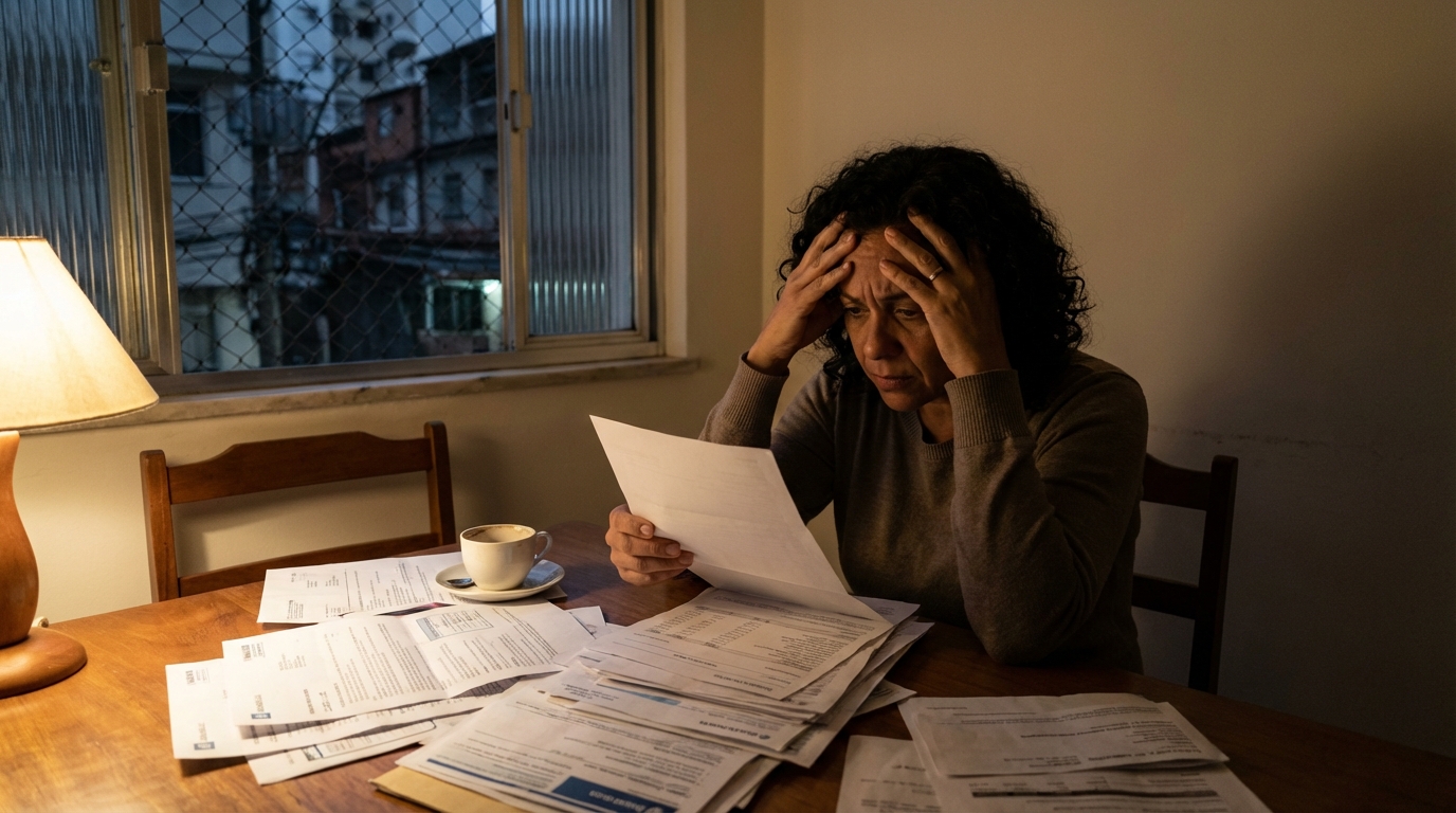Mulher brasileira demonstrando extrema preocupação enquanto analisa dezenas de extratos bancários na mesa da sala de jantar durante processo de separação - ocultação de bens no divórcio litigioso