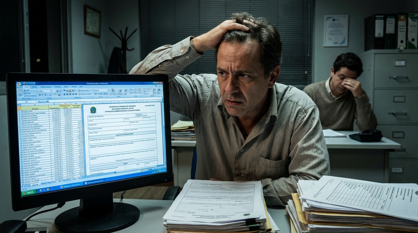 Empresário brasileiro tenso em escritório de contabilidade revisando relatórios financeiros no computador, demonstrando ansiedade com auditoria fiscal - fraude patrimonial e sonegação fiscal