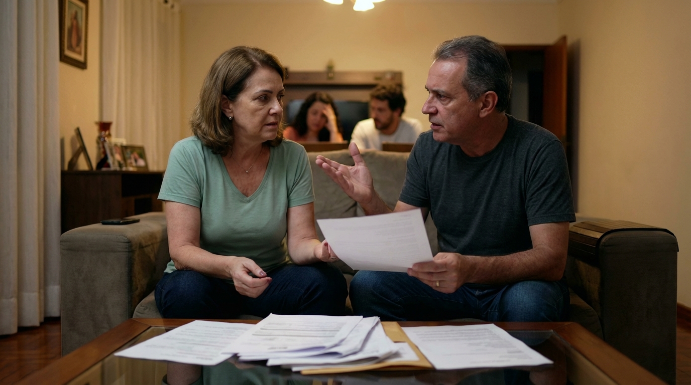 Família brasileira em conflito financeiro na sala de estar, discutindo seriamente com documentos em mãos e expressões de frustração - consequências da fraude à partilha