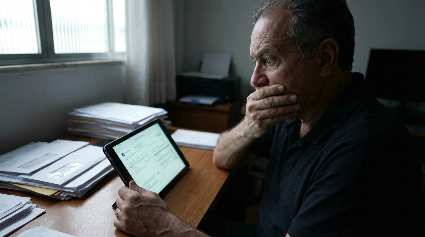 Idoso brasileiro analisando extratos de notificação fiscal em um tablet com expressão de surpresa e ansiedade em ambiente doméstico - ferramentas de rastreamento patrimonial
