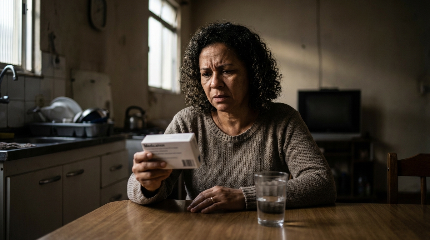 Paciente brasileira preocupada olhando a embalagem de um medicamento em sua casa com expressão de dúvida - direito médico