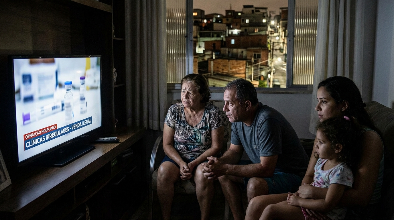 Família brasileira tensa na sala de estar assistindo ao noticiário na televisão sobre clínicas irregulares - venda ilegal de medicamentos