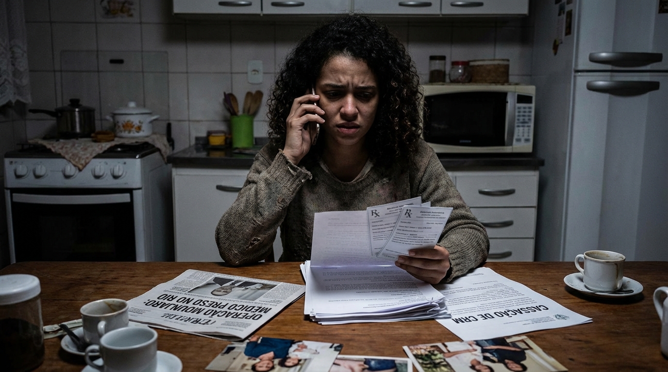 Jovem brasileira frustrada tentando falar no celular enquanto segura receitas médicas na mesa da cozinha - cassação de CRM