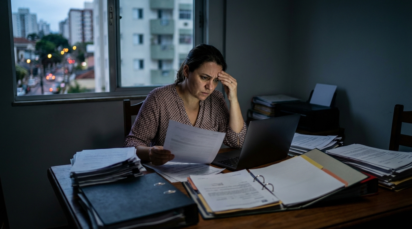 Dona de clínica médica brasileira revisando documentos e notas fiscais no escritório com expressão de preocupação e foco - responsabilidade civil do médico