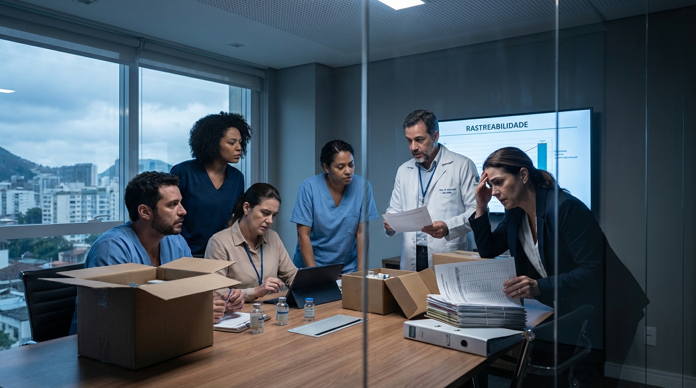 Profissionais de saúde brasileiros em reunião tensa em uma sala de conferências analisando caixas de insumos médicos - compliance médico