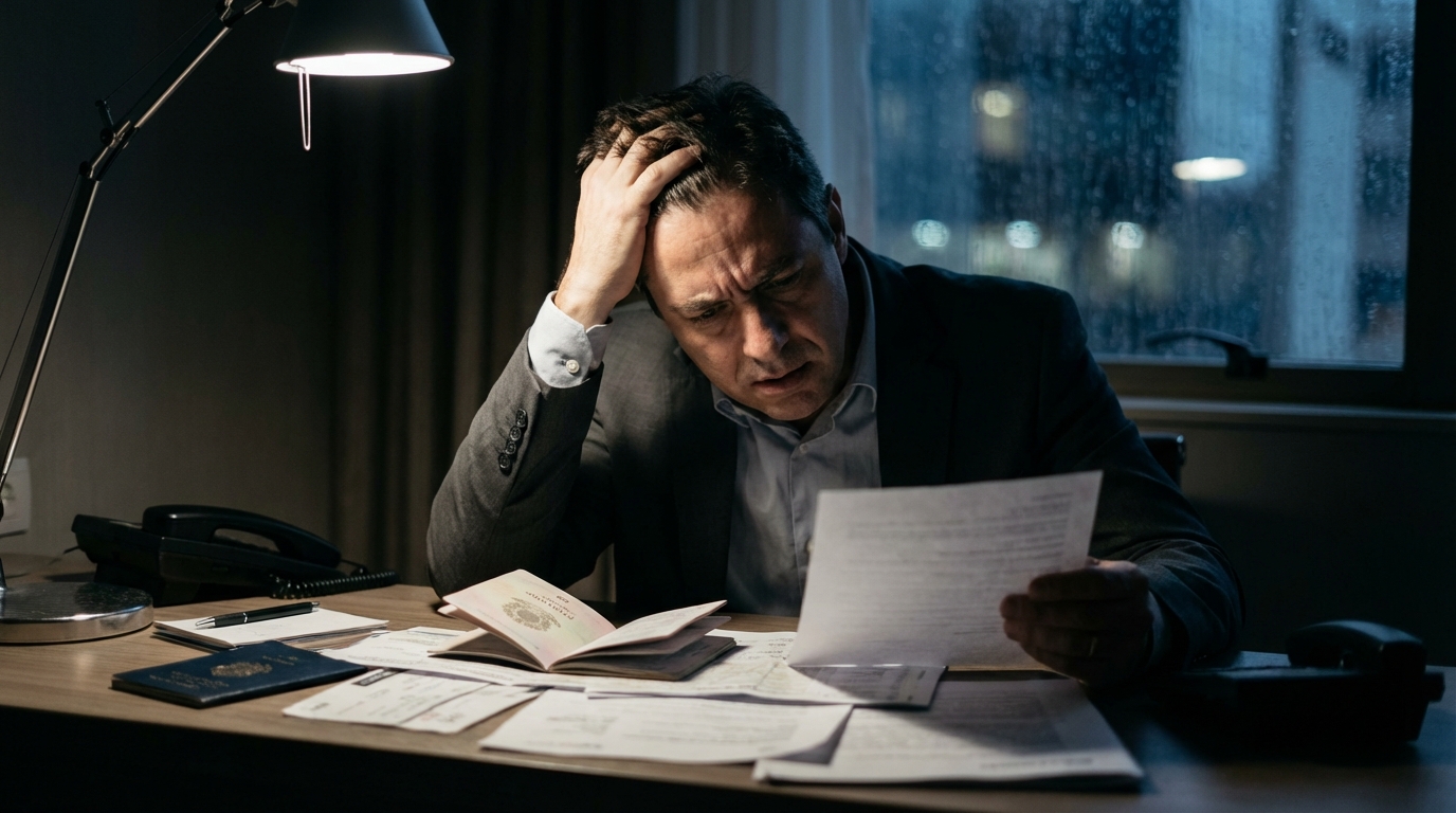 Empresário brasileiro executivo com expressão de extrema preocupação revisando passaporte e documentos de viagem em um quarto de hotel mal iluminado, invalidação de passaporte e deportação e extradição
