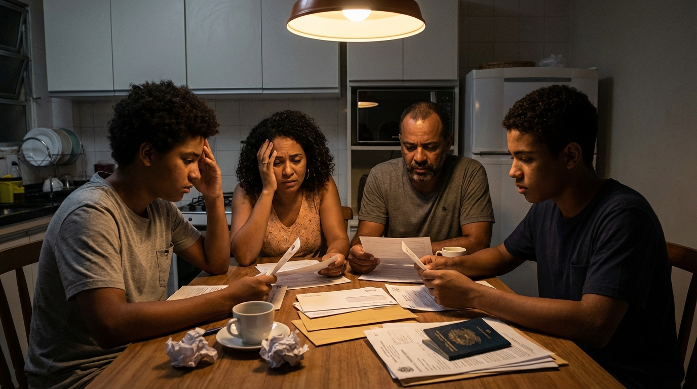 Família brasileira angustiada sentada ao redor da mesa da cozinha analisando papéis e notificações de imigração com semblantes preocupados, defesa criminal internacional