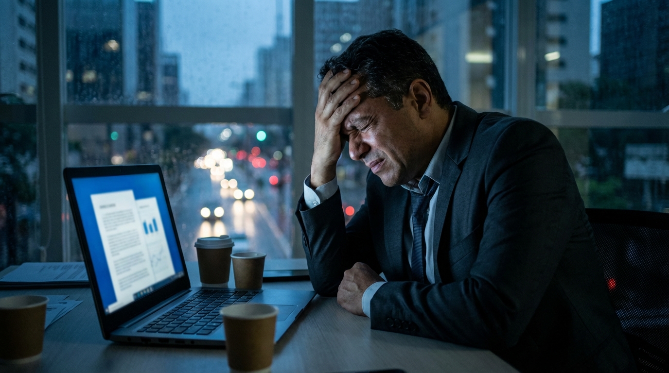 Empresário brasileiro de meia idade em escritório corporativo moderno com a mão na testa e expressão de tensão extrema diante de um computador, medidas cautelares penais