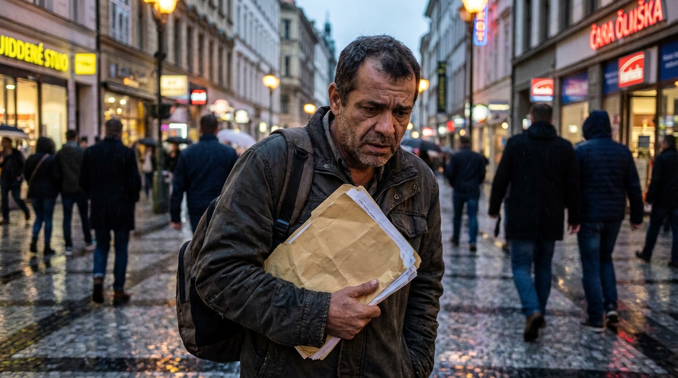 Cidadão brasileiro angustiado caminhando por uma rua movimentada de uma cidade estrangeira, segurando documentos judiciais com semblante cansado, asilo político EUA