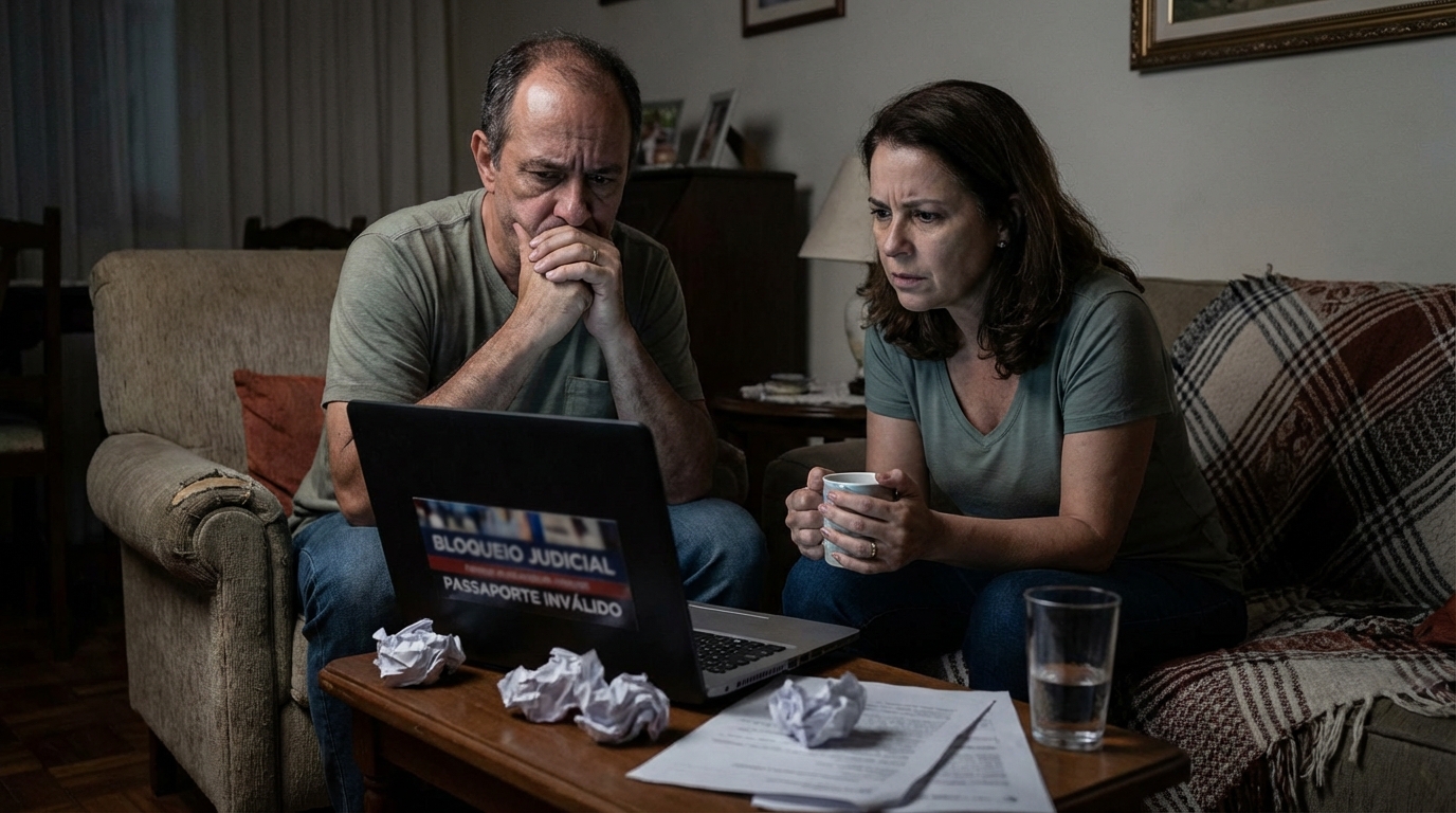 Trabalhador brasileiro e sua esposa em sala de estar humilde observando notícias no laptop com tensão e apreensão sobre bloqueios judiciais, invalidação de passaporte e deportação