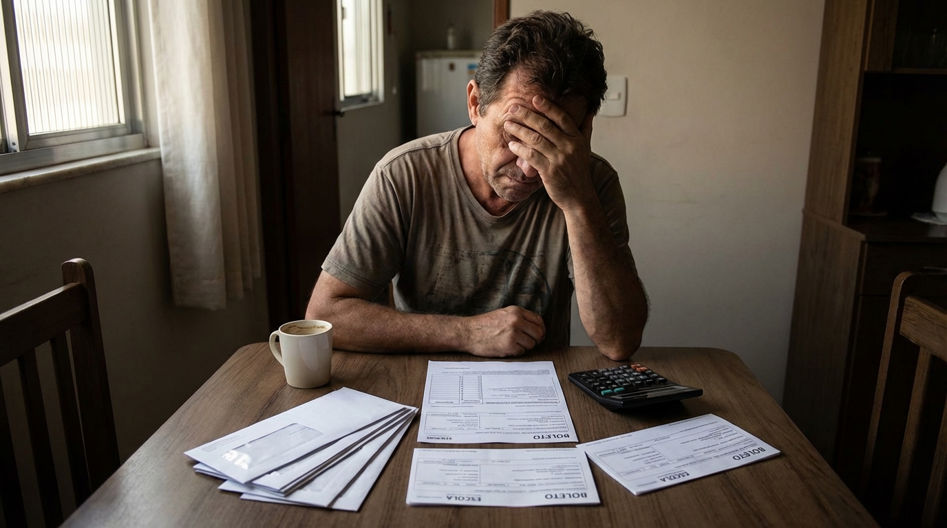 Pai brasileiro preocupado analisando boletos de mensalidade escolar pensão alimentícia na mesa da sala de jantar com calculadora