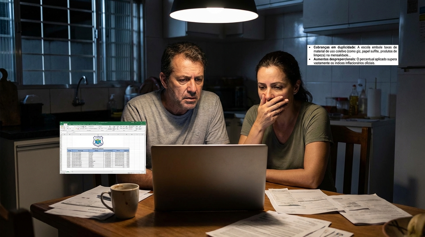 Mãe e pai brasileiros angustiados olhando para tela do notebook tentando entender reajuste abusivo escola pensão no orçamento familiar