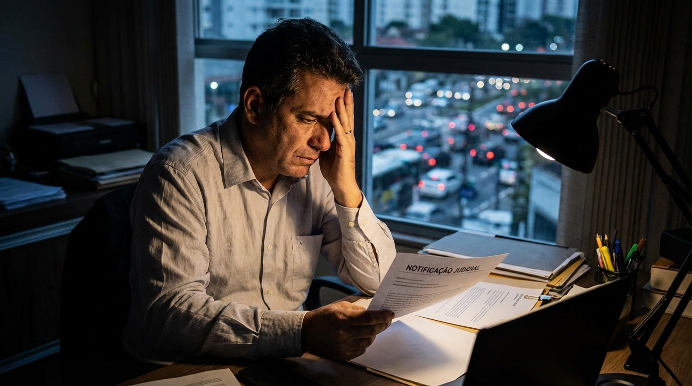 Empresário brasileiro executivo em escritório segurando notificação judicial com forte expressão de estresse e preocupação com prisão civil