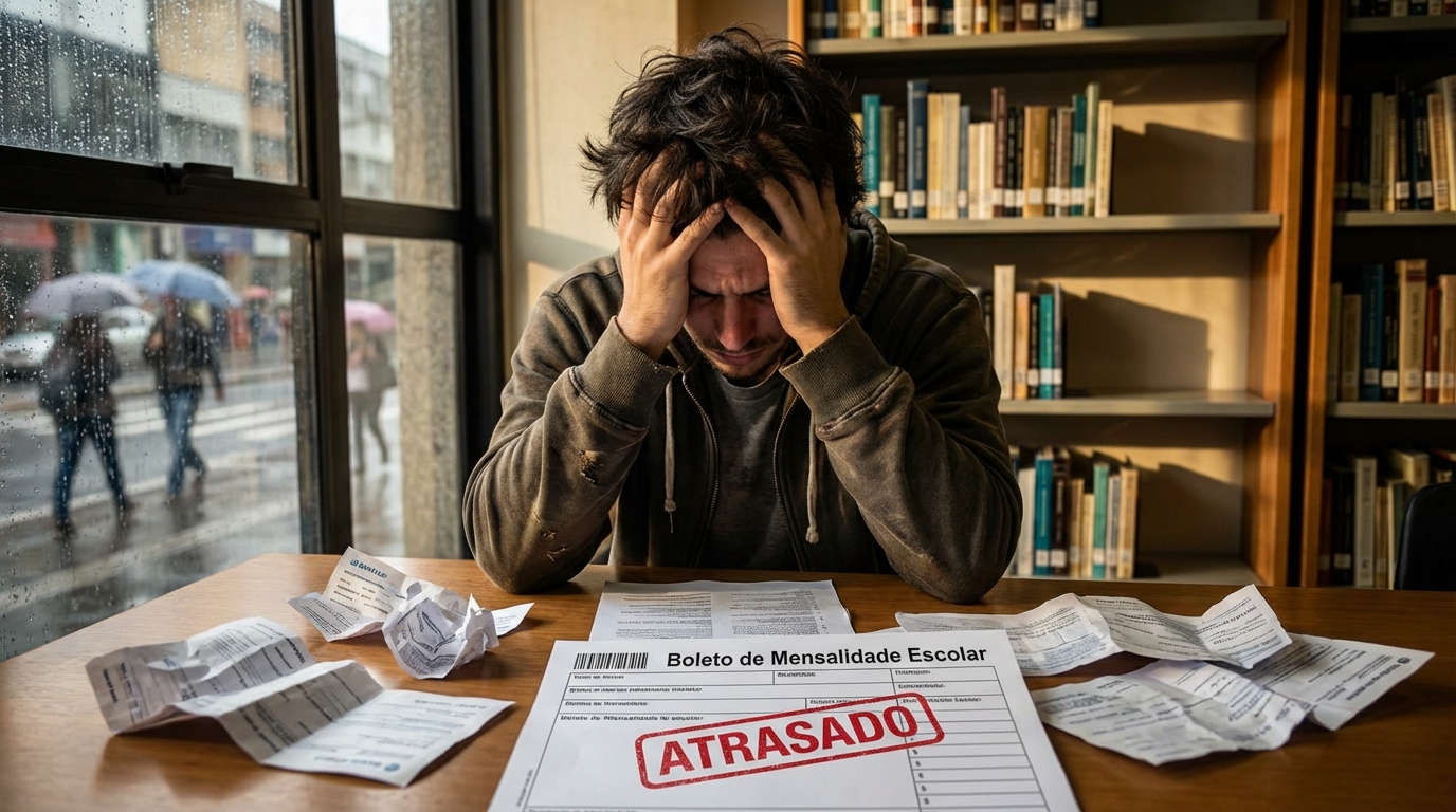 Estudante universitário brasileiro frustrado com as mãos na cabeça diante de boletos de mensalidade escolar espalhados na mesa da biblioteca