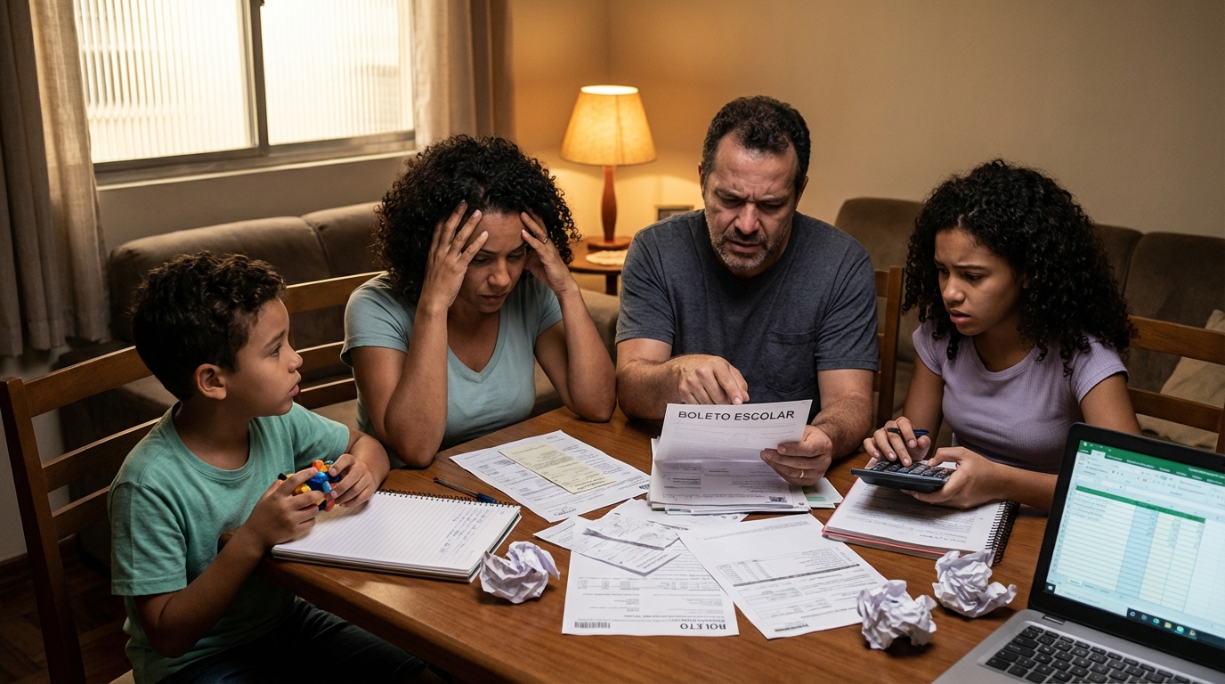 Família brasileira diversificada discutindo orçamento doméstico com apreensão na sala de estar cheia de documentos financeiros