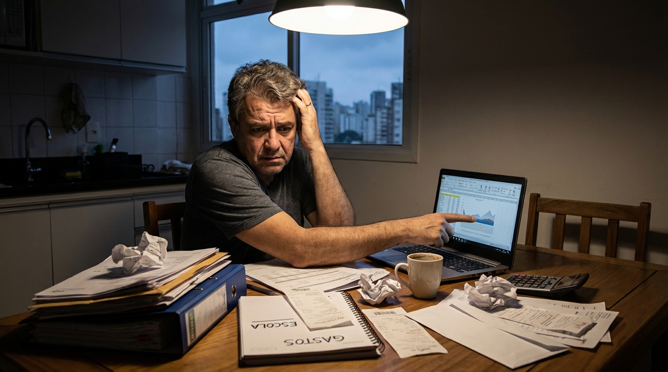 Homem brasileiro de meia idade organizando documentos e comprovantes de pagamento em pastas para revisão de alimentos in natura