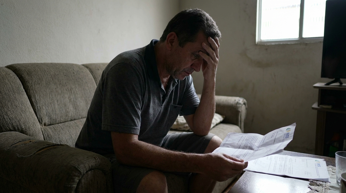 Homem brasileiro de meia-idade sentado no sofá de sua sala modesta, segurando a cabeça com as mãos em desespero ao lado de uma notificação de corte de benefício INSS