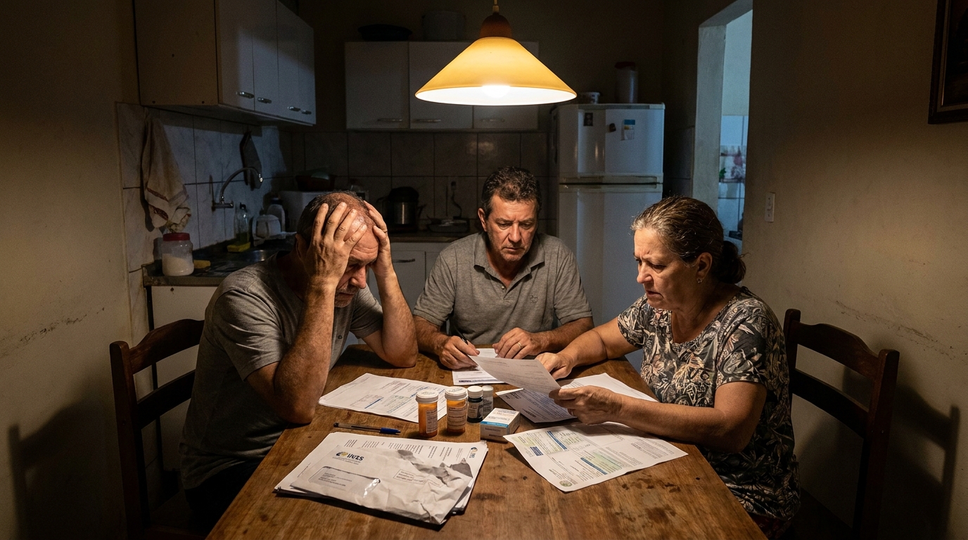 Família brasileira preocupada na mesa de jantar analisando várias contas a pagar e documentos médicos sob a luz de uma luminária, com foco na tensão do corte de renda