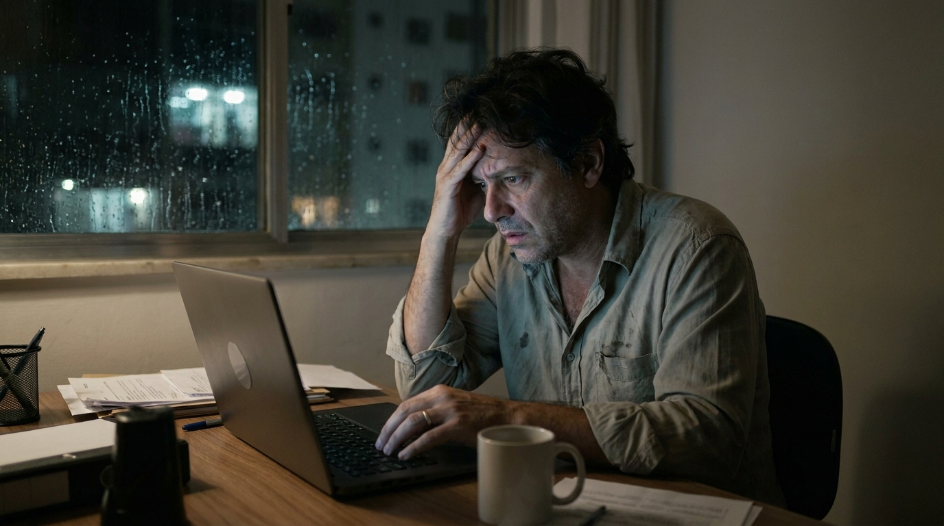 Empresário brasileiro em escritório corporativo escuro analisando notificação fiscal no notebook com expressão de profunda preocupação e estresse