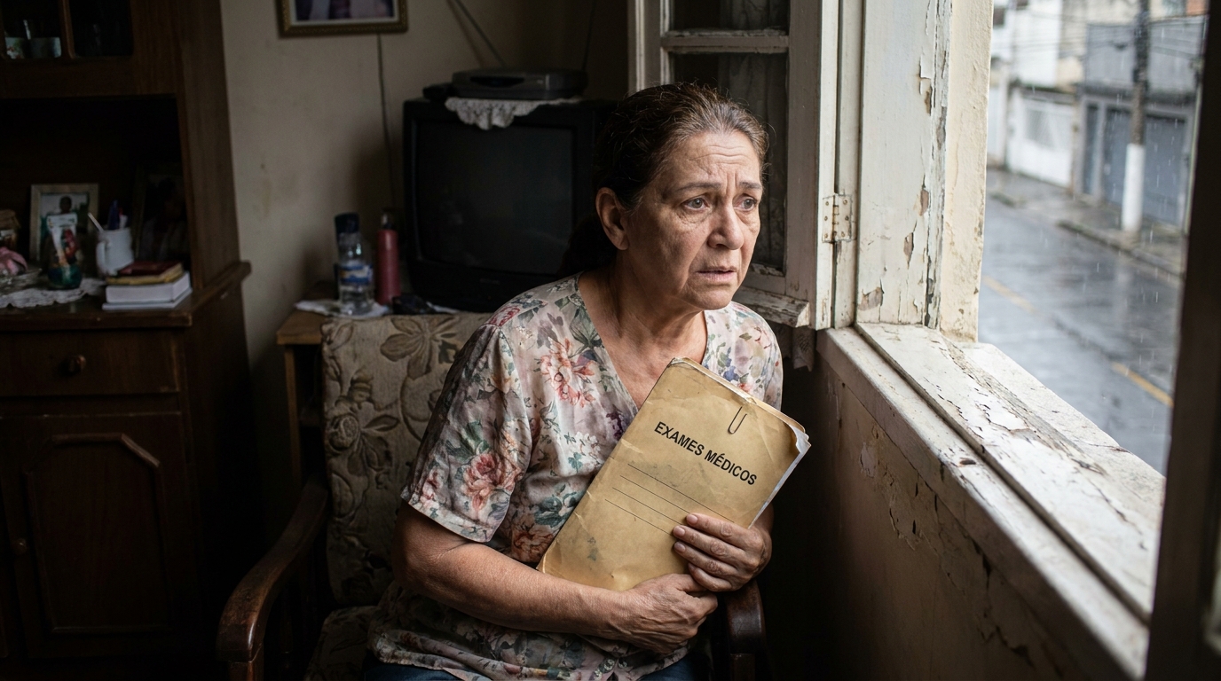 Mulher brasileira trabalhadora em sua casa simples, olhando apreensiva pela janela enquanto segura uma pasta de documentos médicos, ilustrando o medo da fiscalização