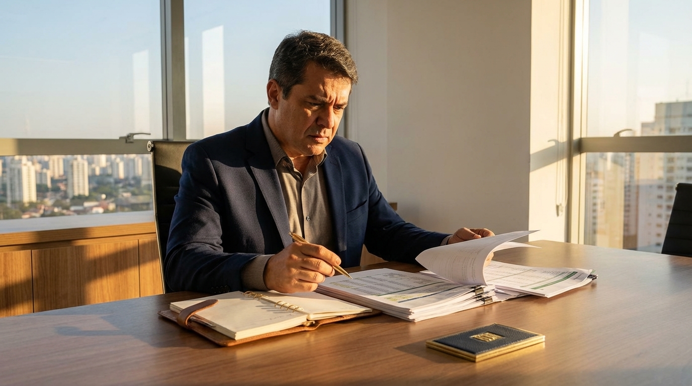 Empresário brasileiro em escritório moderno, analisando documentos fiscais com expressão de preocupação e seriedade, representando a gestão de riscos legais e compliance