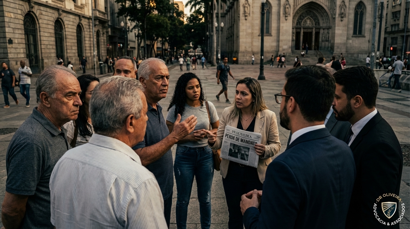 Grupo diverso de cidadãos brasileiros em uma praça pública conversando seriamente, representando o debate social sobre justiça e cidadania e a importância do estado democrático de direito