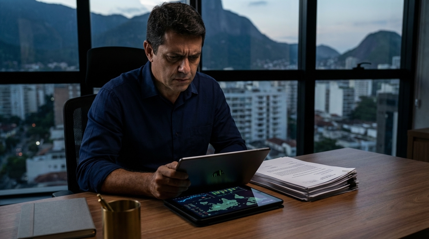 Empresário brasileiro de meia idade em escritório moderno no Rio de Janeiro analisando gráficos financeiros em um tablet com expressão séria e concentrada - Direito Penal Econômico