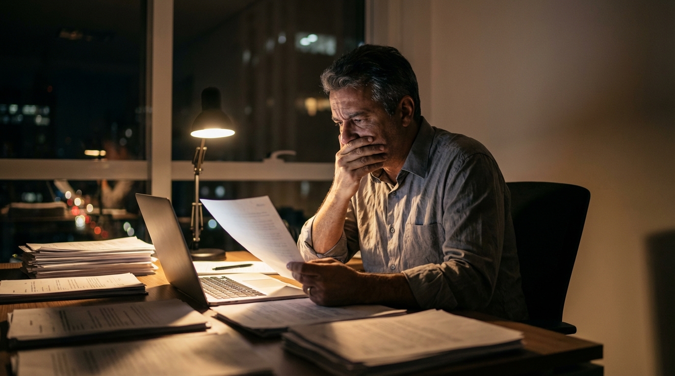 Empresário brasileiro de meia-idade com expressão de preocupação profunda analisando documentos fiscais em escritório corporativo durante a noite - cálculo da pena