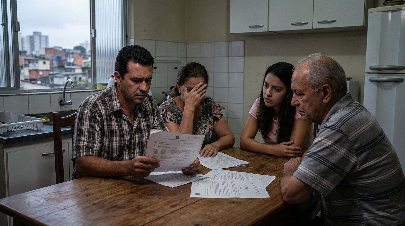 Família brasileira angustiada conversando na mesa de jantar sobre problemas legais e temendo o futuro após notificação judicial - projeto de lei criminal