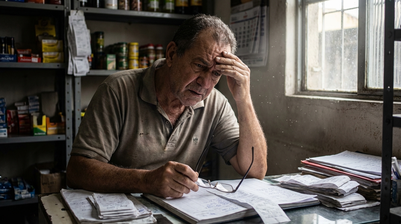 Senhor brasileiro em sua loja de bairro conferindo papéis contábeis com olhar apreensivo sobre o futuro de seu negócio - advogado criminalista SP