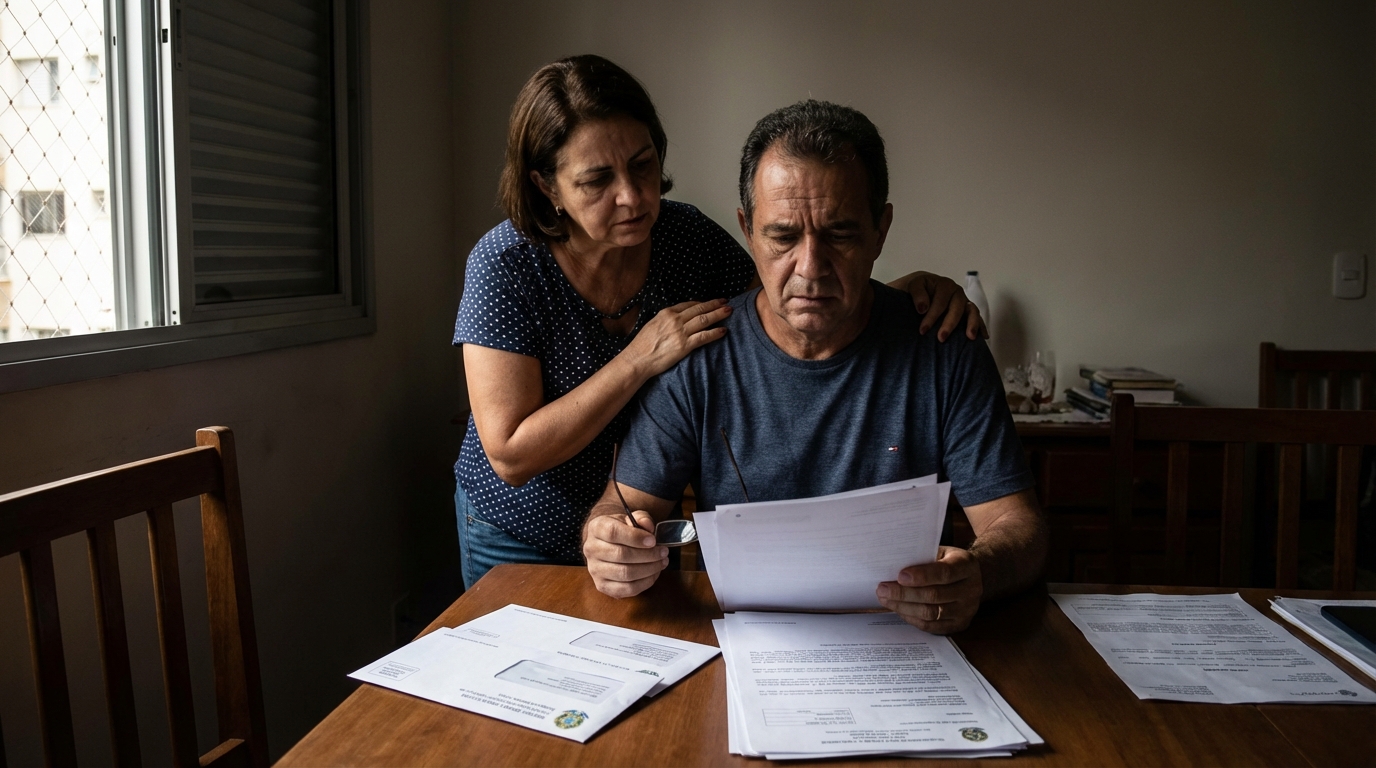 Casal de brasileiros de classe média em casa revisando correspondências legais com semblante de urgência e necessidade de proteção - direito penal