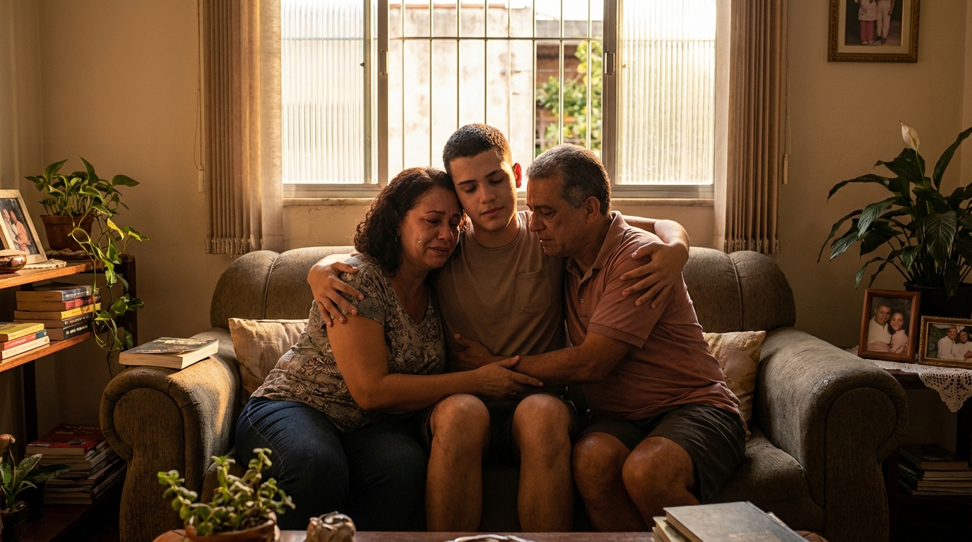 Jovem brasileiro trans abraçado com a família na sala de estar, demonstrando apoio emocional e esperança após compreender seus direitos sobre a cirurgia de redesignação sexual