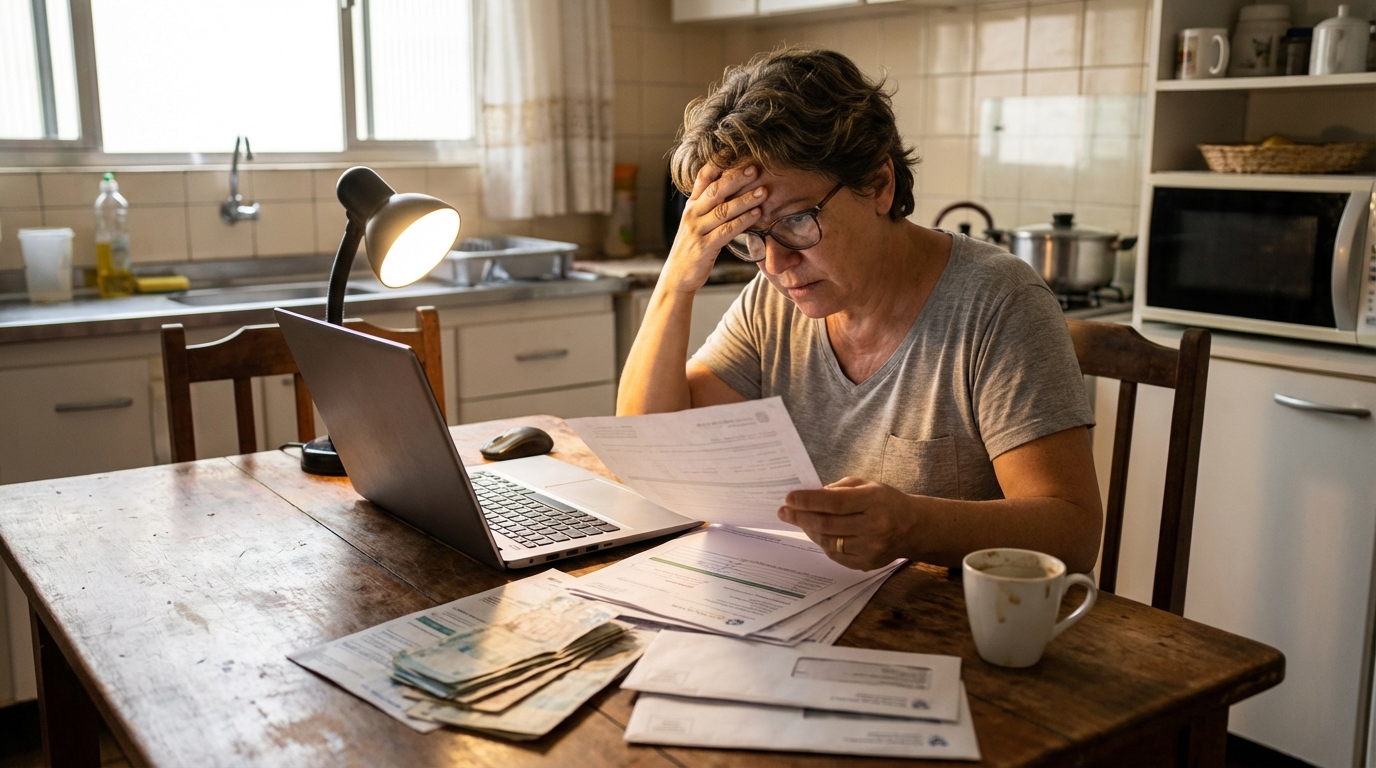 Paciente brasileiro analisando documentos de saúde e apólices na mesa da cozinha, com expressão focada buscando reverter a negativa de cirurgia