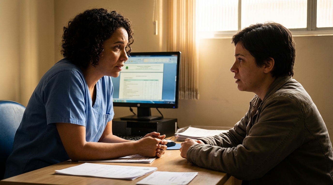 Profissional de saúde brasileiro em consultório, conversando de forma empática e atenciosa com paciente sobre o processo transexualizador ANS