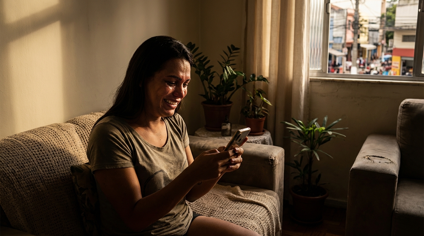 Pessoa trans brasileira sorrindo aliviada na sala de casa enquanto segura o celular, lendo boas notícias de seu representante sobre a liminar aprovada